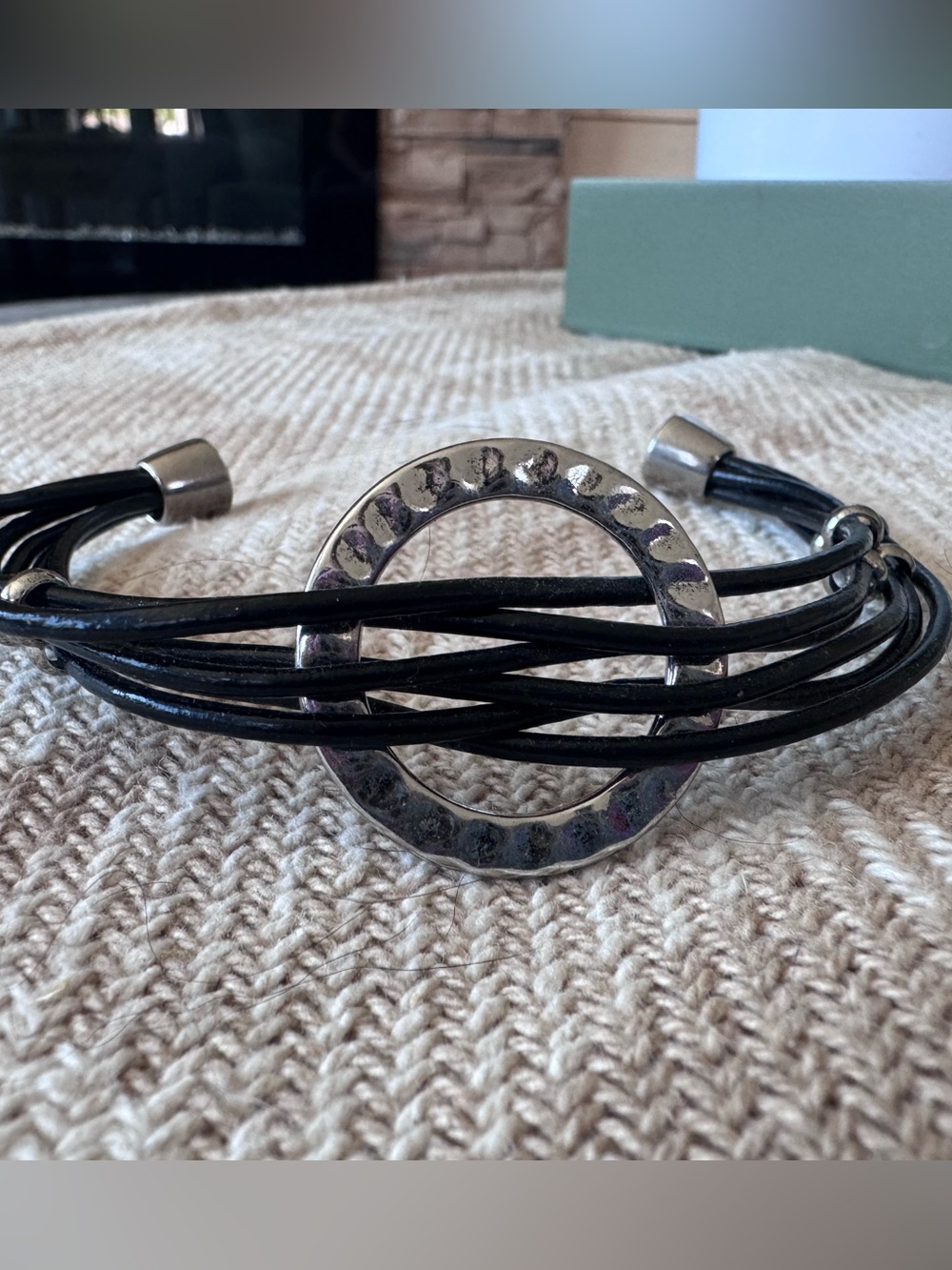 Hammered Circle Multi-Strand Leather Like Bracelet - Black